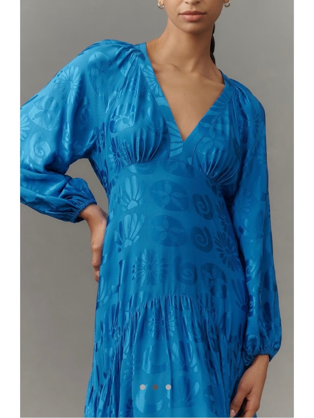 FARM Rio Blue Jacquard Maxi Dress V-Neck Long Sleeve Size Medium - Picture 2 of 6